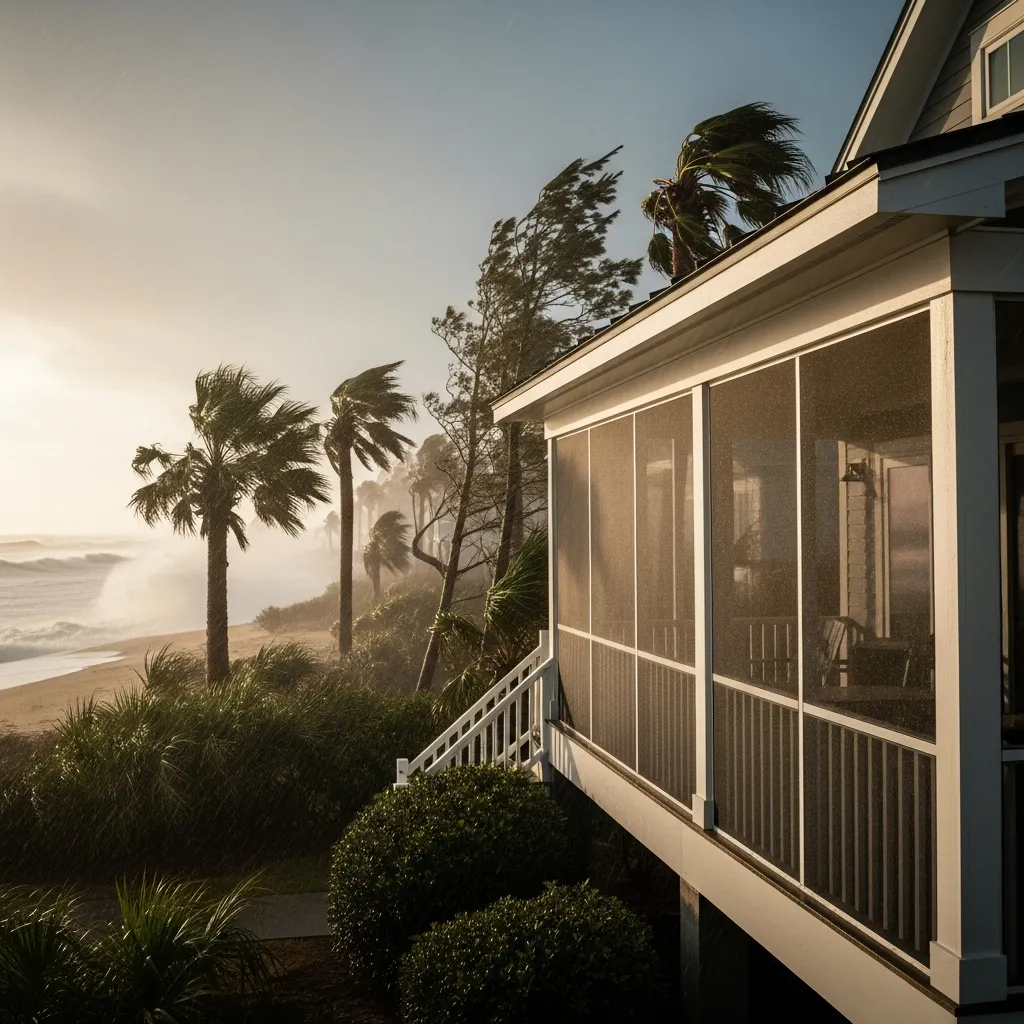 MaxForce hurricane screens holding firm on St. Augustine Florida coastal beachfront home during violent Category 5 hurricane force winds with palm trees bending and ocean storm surge visible in background
