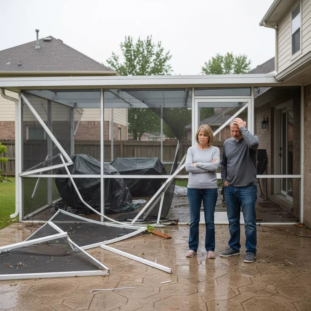 Devastated St. Augustine Florida homeowners standing in front of completely destroyed collapsed lanai screen enclosure after hurricane storm damage showing $28000 consequence of no MaxForce retractable hurricane screen protection