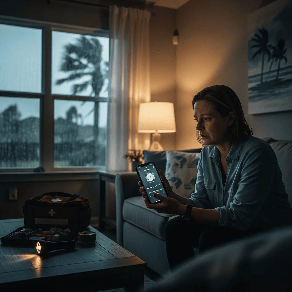 A concerned woman sitting in a dimly lit living room monitoring a hurricane tracking app on her smartphone during a storm, with a first aid kit and flashlight nearby.