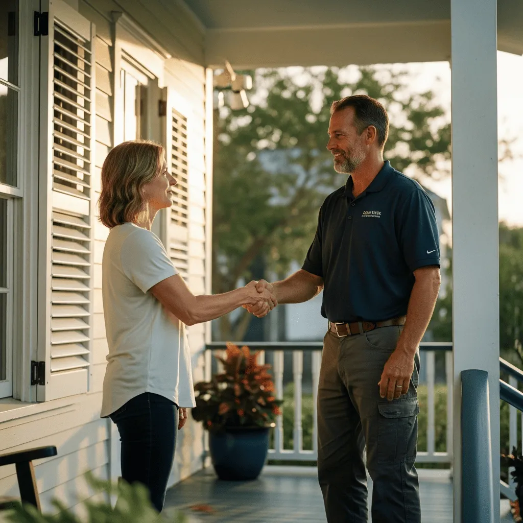 Titan Shutters and Screens contractor shaking hands with satisfied homeowner on front porch with installed hurricane shutters in Northeast Florida