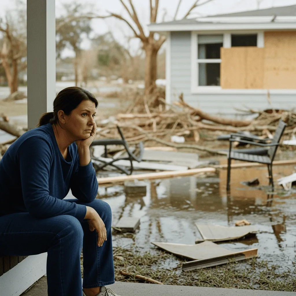 Distressed homeowner sitting on porch surveying hurricane storm damage with fallen trees, flooding, and debris in Northeast Florida neighborhood without hurricane shutter protection