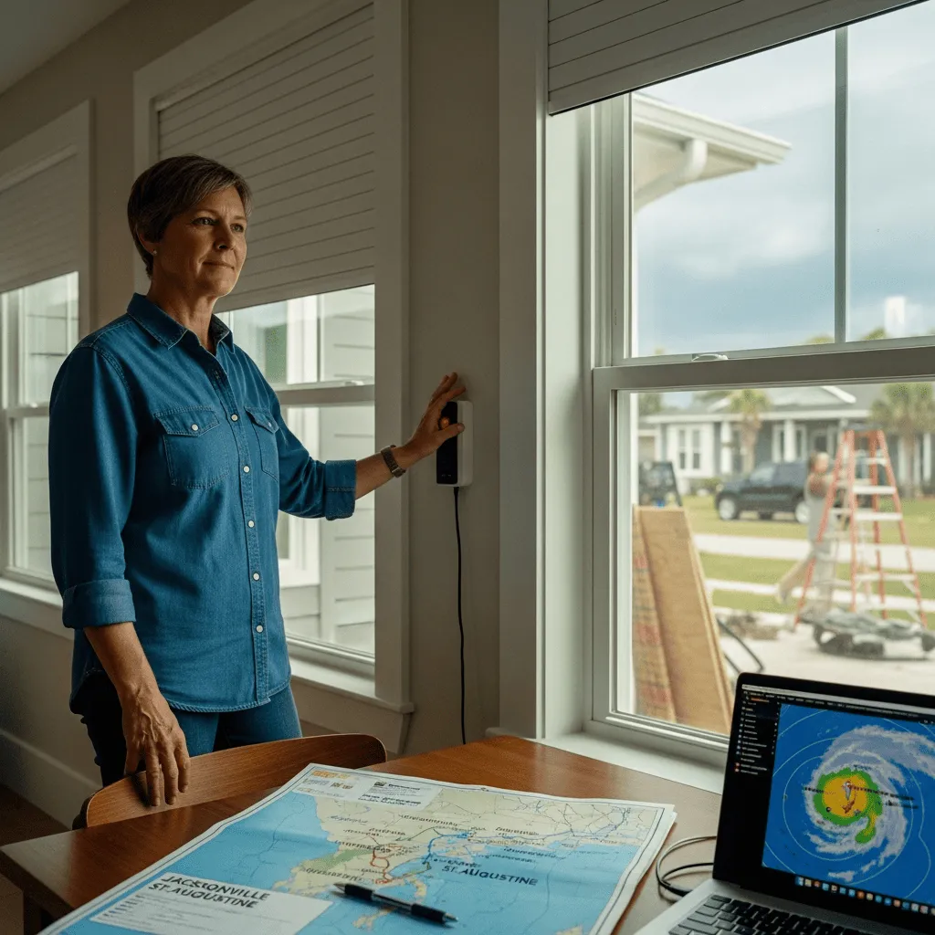Calm Northeast Florida homeowner operating rolldown hurricane shutters from interior control with hurricane tracking map and laptop visible on table showing storm preparedness