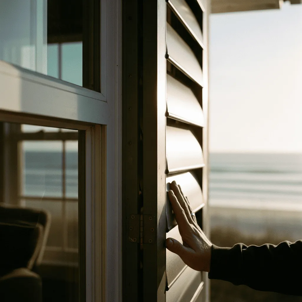 A person's hand touching high-quality Bahama hurricane shutters installed on a coastal Florida home overlooking the ocean.