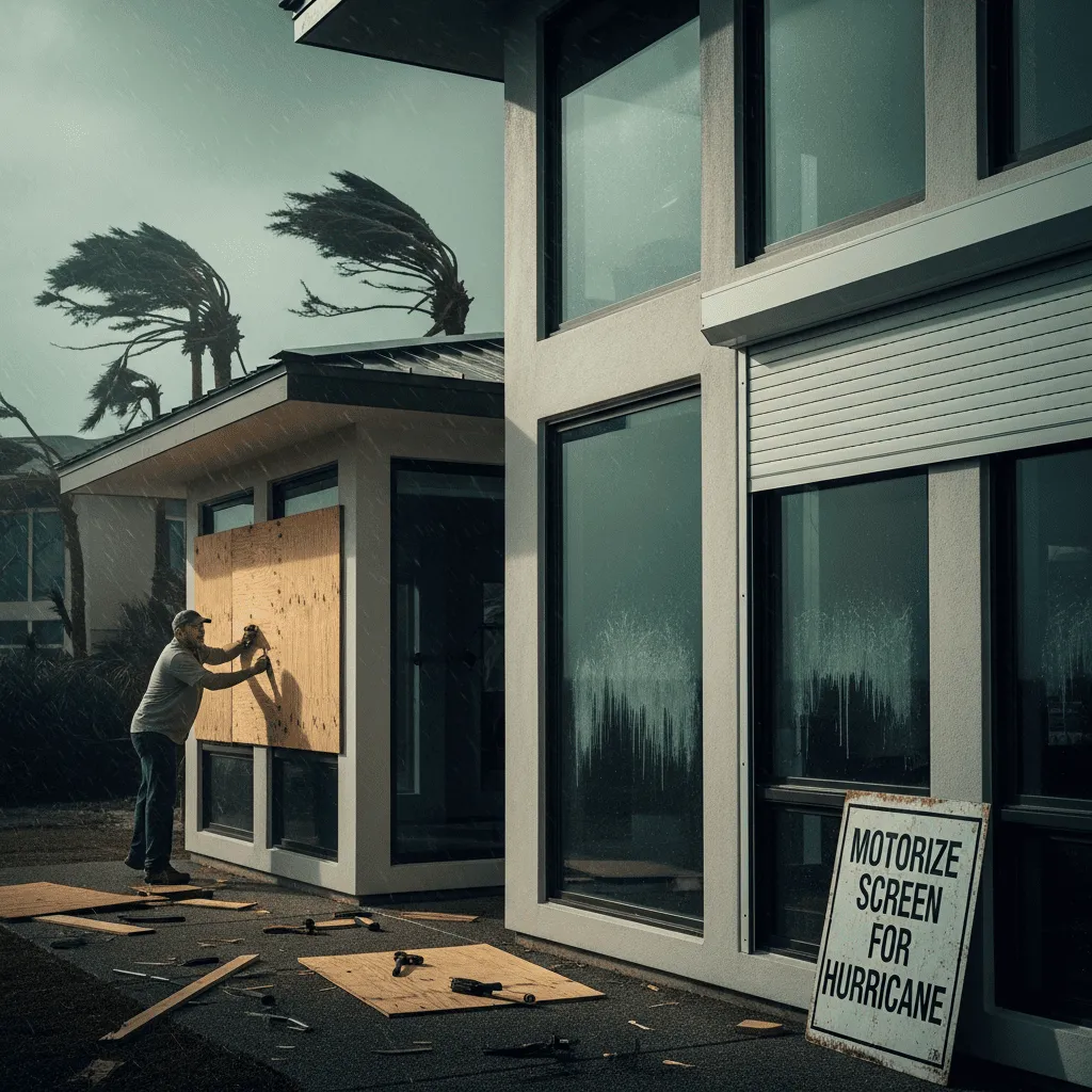 Comparison of a person installing heavy plywood versus a modern motorized hurricane screen during a storm.