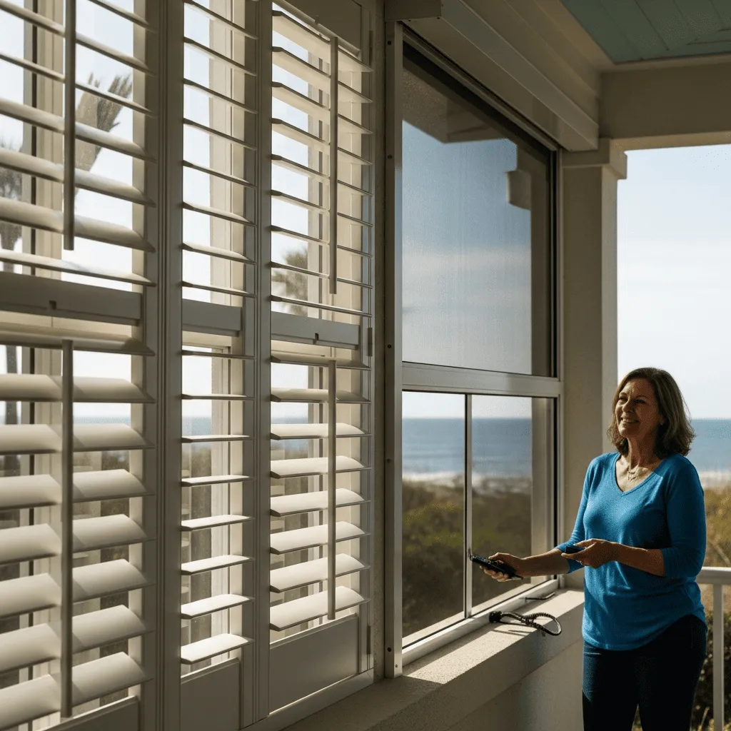 A woman on a coastal balcony using a remote control to lower motorized storm screens, positioned next to installed white plantation shutters with an ocean view.