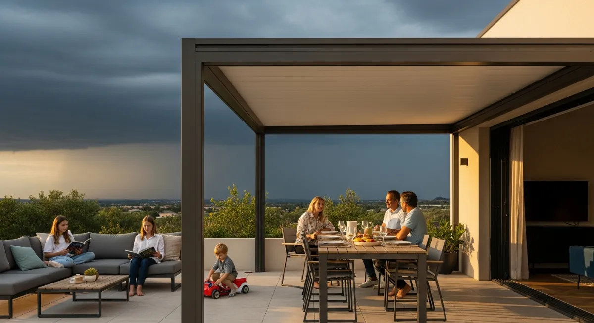 Family dining outdoors under modern louvered pergola with storm clouds approaching, showing weather-protected outdoor living space with bug and rain coverage in Ponte Vedra Beach FL