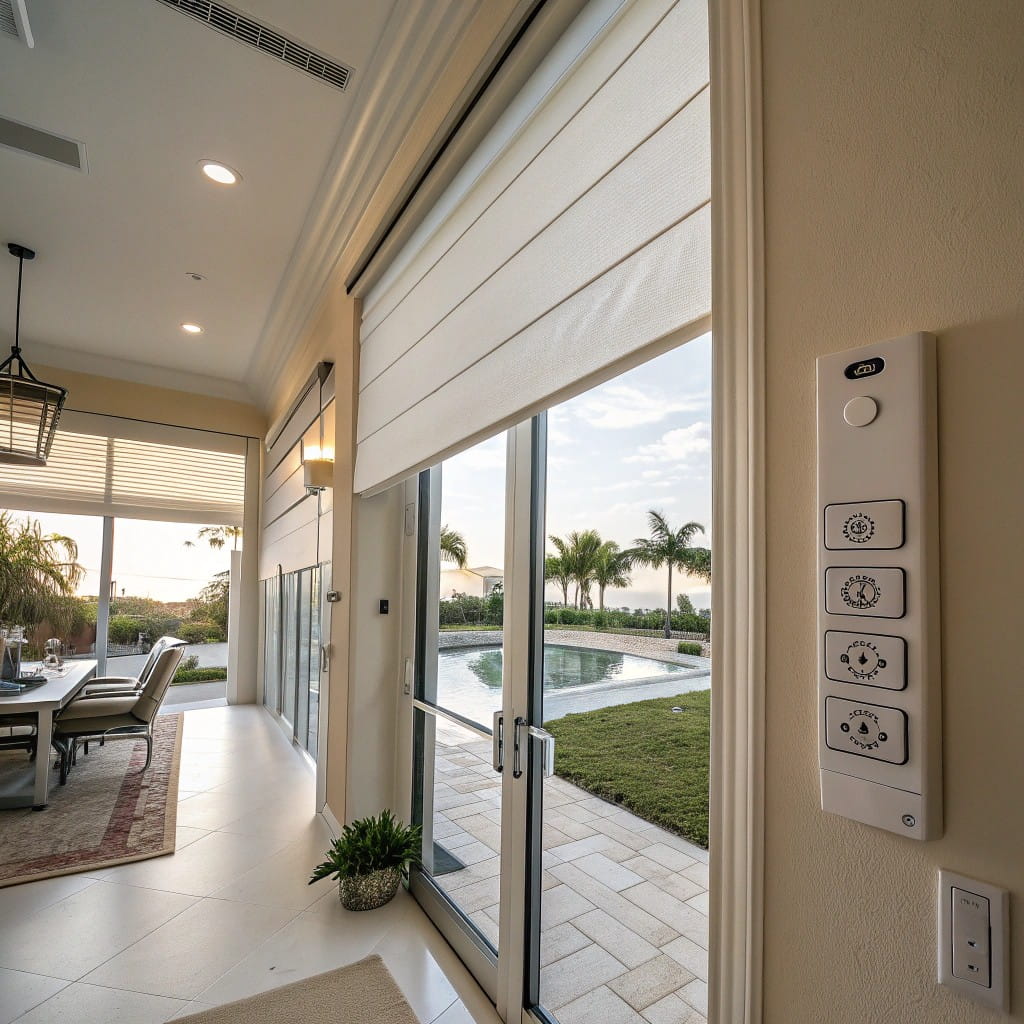 View from inside a modern home showing motorized storm screens partially lowered over a sliding glass door via a wall-mounted control panel.