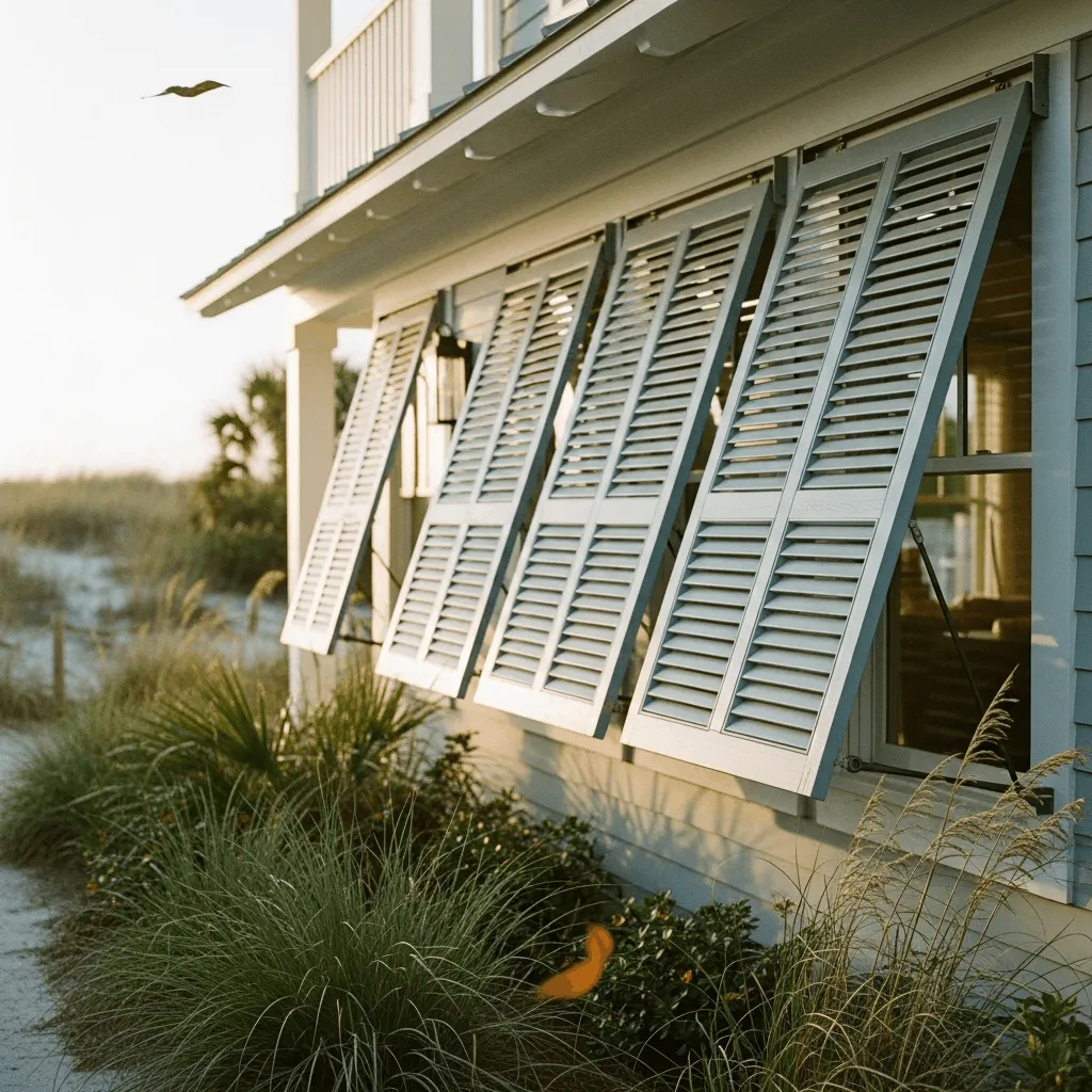 Four white Bahama hurricane shutters propped open on a light blue coastal Florida home at sunset.