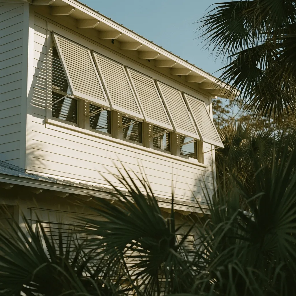 Four light-colored Bahama hurricane shutters propped open on a second-story white coastal home surrounded by palm trees.