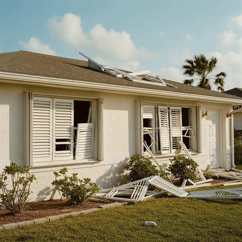 A coastal home with broken, non-impact rated shutters scattered on the lawn and damaged windows following a major storm.
