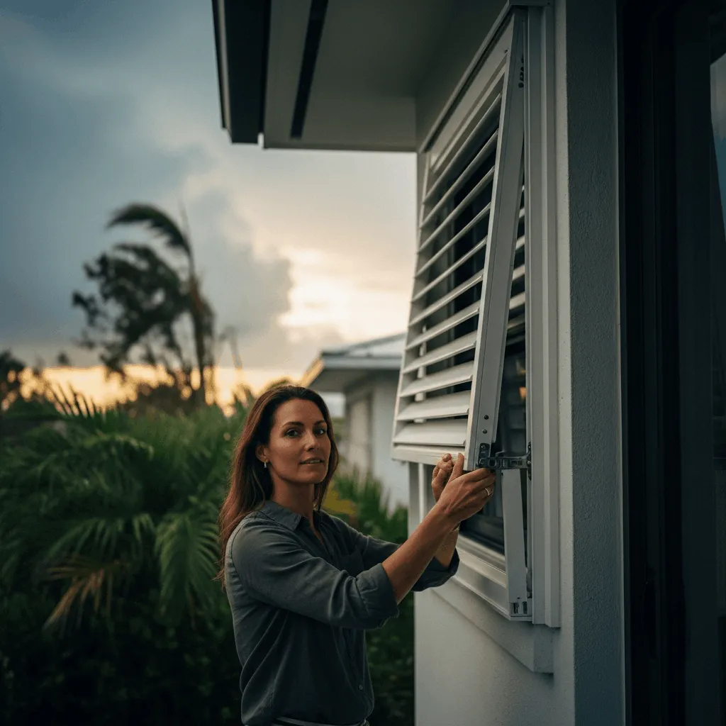 Exterior view of a coastal home with broken windows and non-impact shutters torn off and scattered on the lawn after a major hurricane.