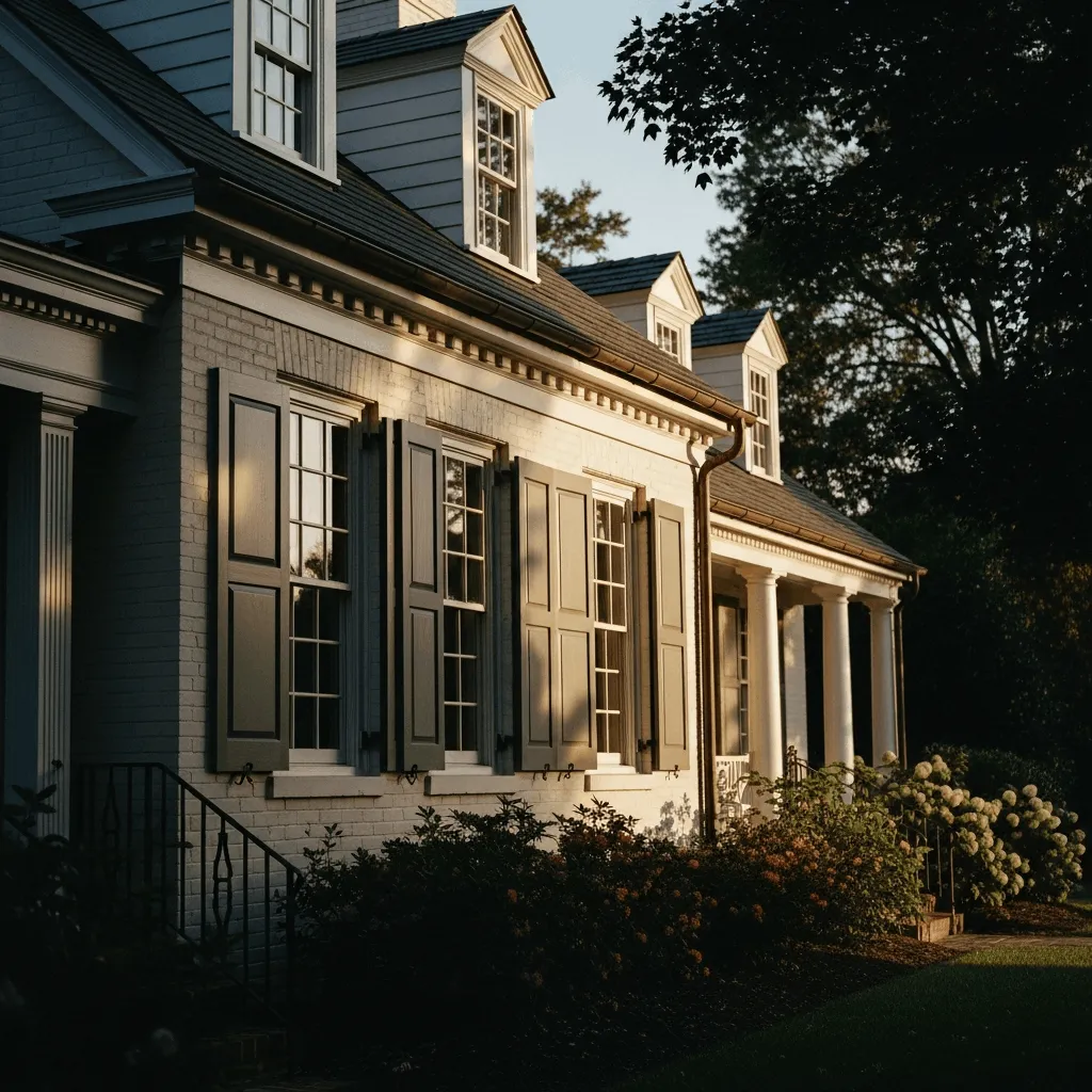 Close-up side view of dark green colonial hurricane shutters installed on a white brick home, highlighting the traditional architectural design.