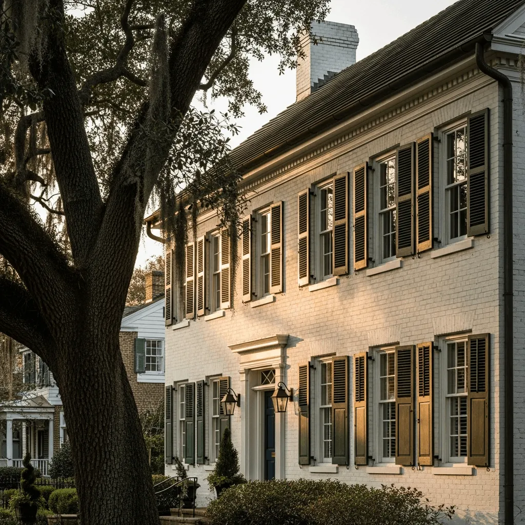 Classic white brick home featuring rows of dark green colonial hurricane shutters installed on all windows for a historic aesthetic.