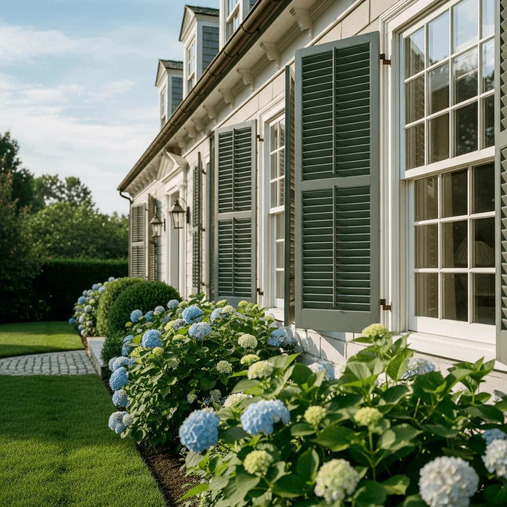 Rows of dark green colonial shutters installed on a light-colored home, framed by lush blue hydrangea bushes and a manicured lawn.