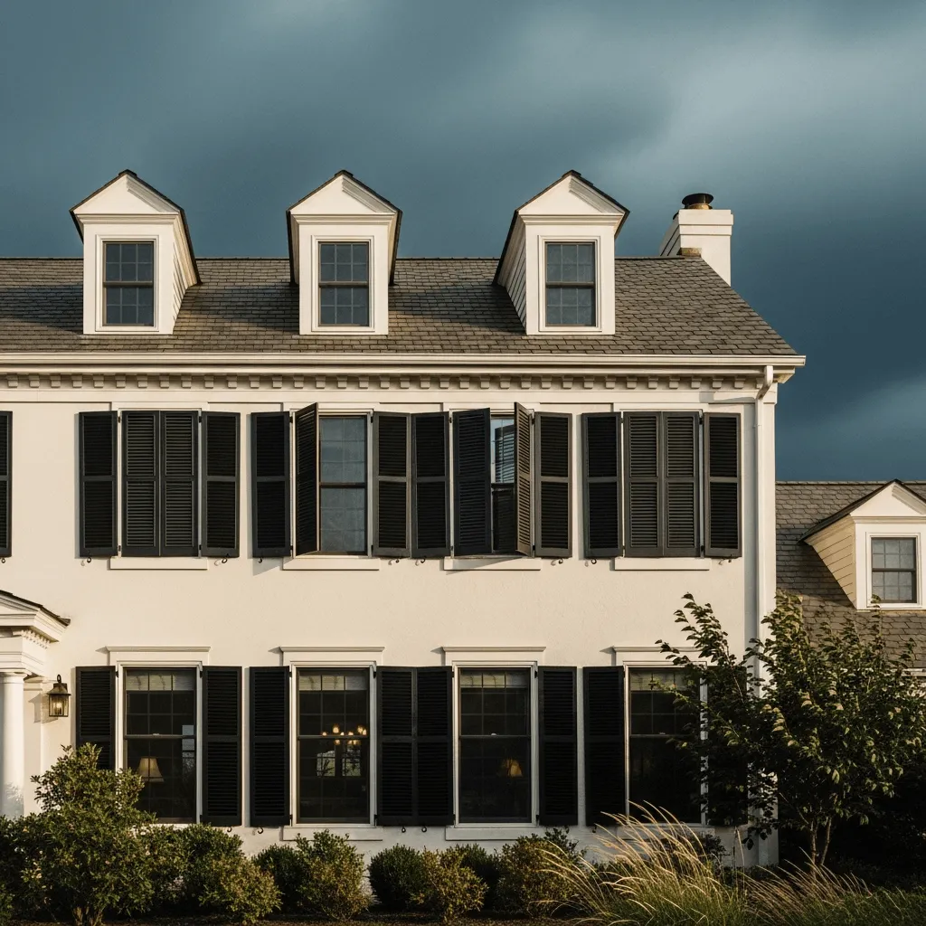 Wide front view of a large white home with dark colonial hurricane shutters on all first and second-story windows under a dark storm sky.