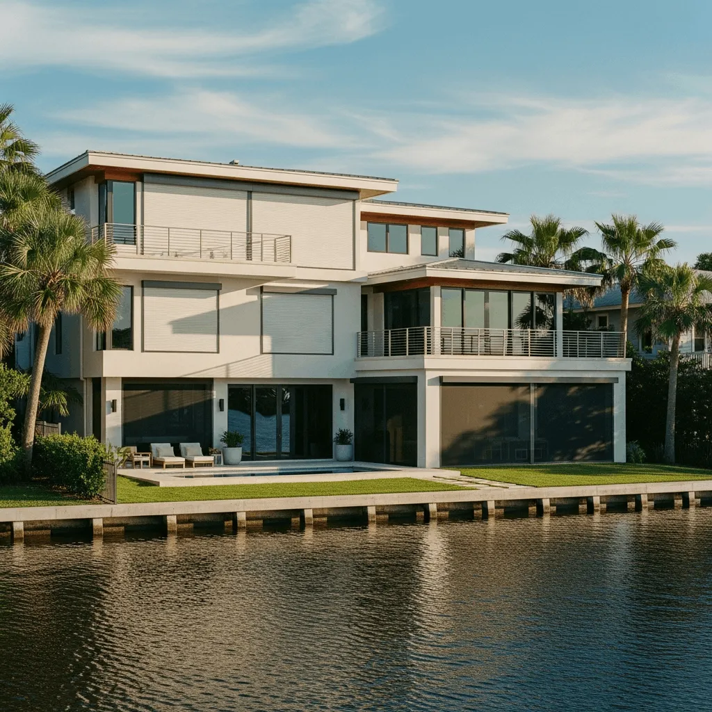 Modern white multi-story waterfront home featuring a combination of roll-down hurricane shutters and motorized storm screens for complete protection.