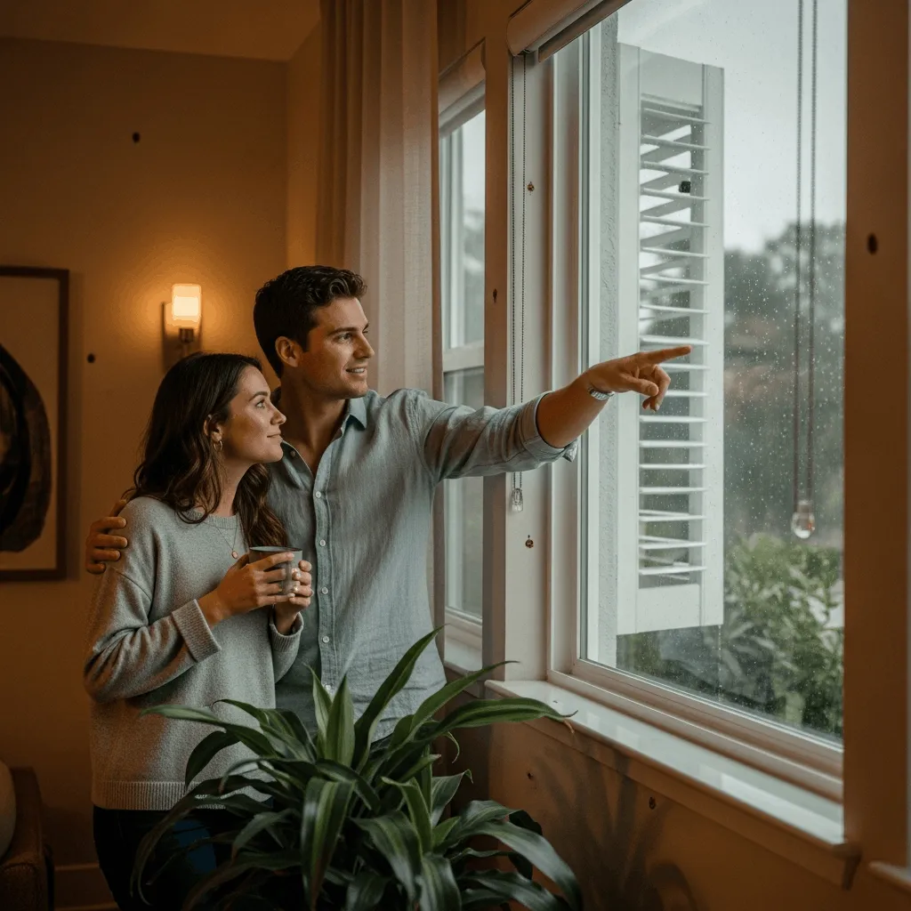 A young couple standing comfortably inside their home during a rainstorm, with the man pointing out the window at the effective protection provided by their exterior hurricane shutters.