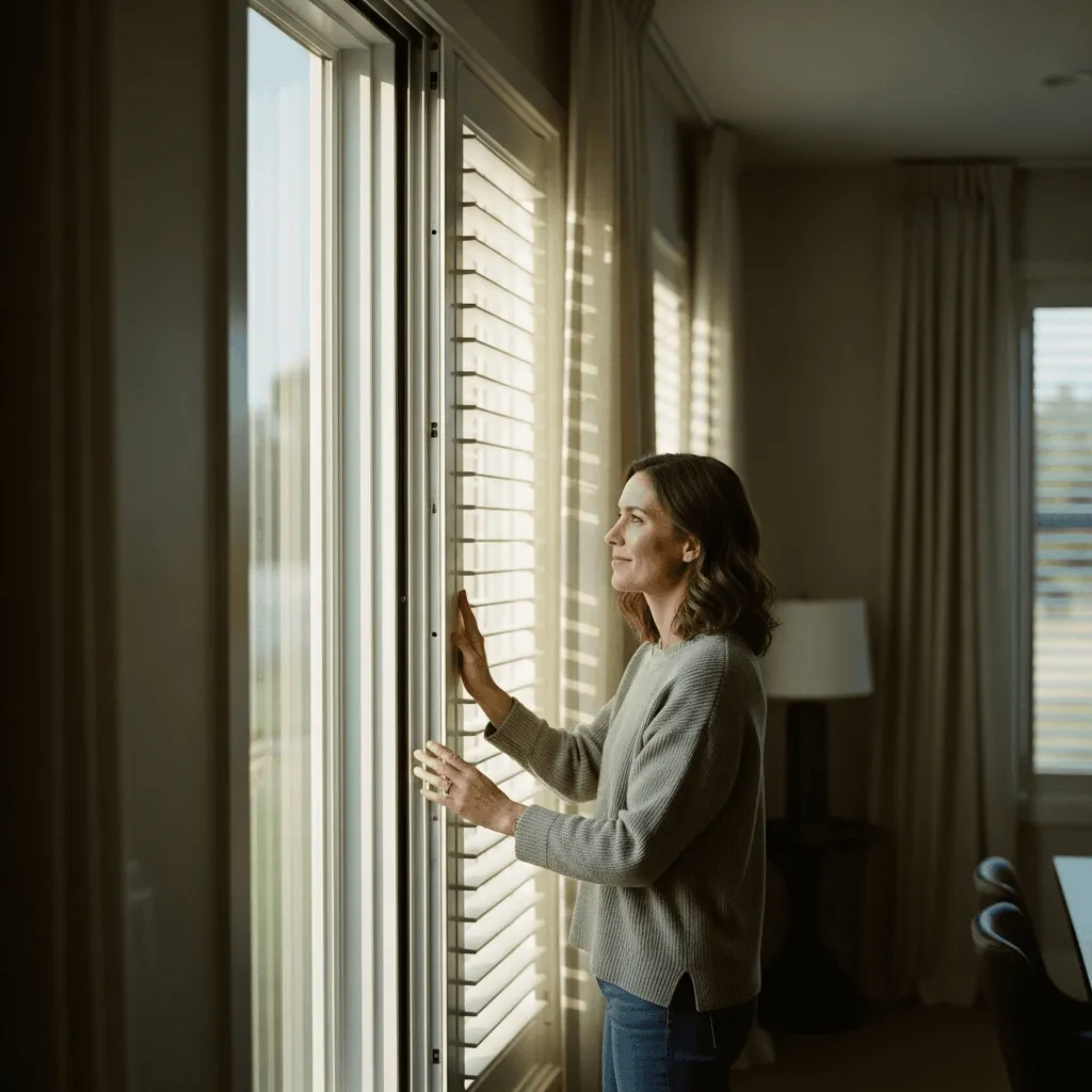 A woman standing inside a modern home adjusting white plantation-style hurricane shutters on a large glass patio door.