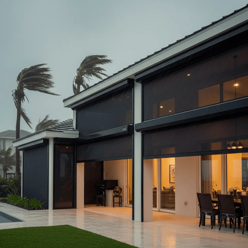 Motorized storm screens deployed on a modern coastal home's patio during a heavy rainstorm with palm trees blowing in high winds in the background.