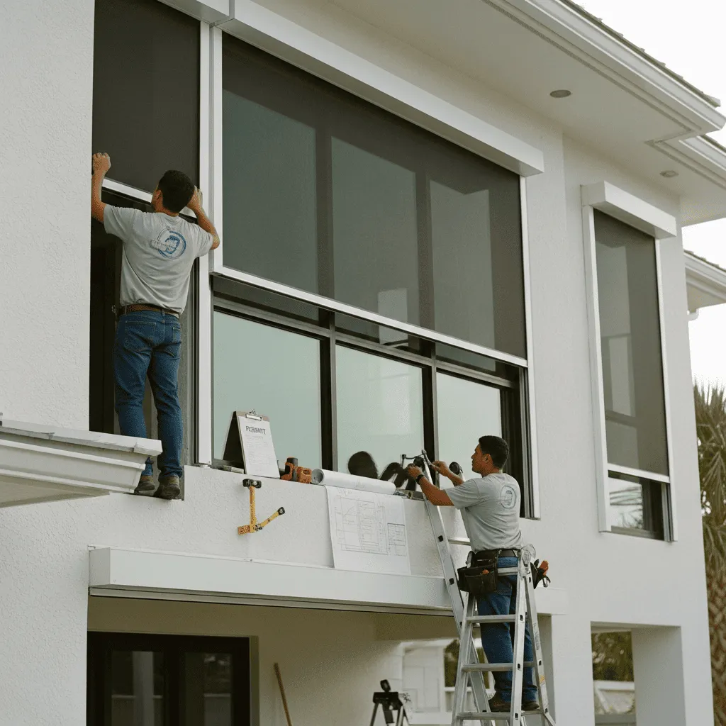 Two professional installers on ladders fitting large motorized storm screens onto the second-story windows of a modern white home.