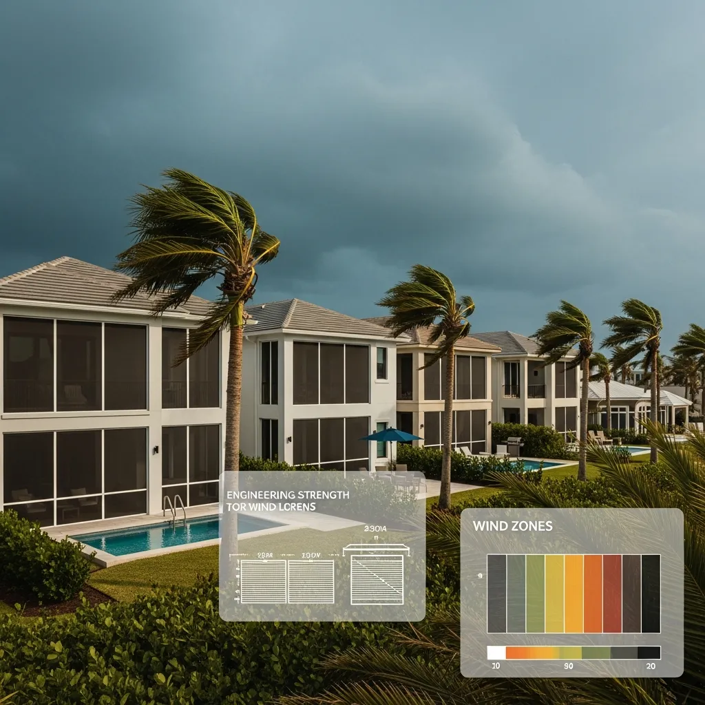 Technical infographic showing engineering strength for wind loads and a color-coded Florida wind zone map overlaying a coastal neighborhood during a storm.