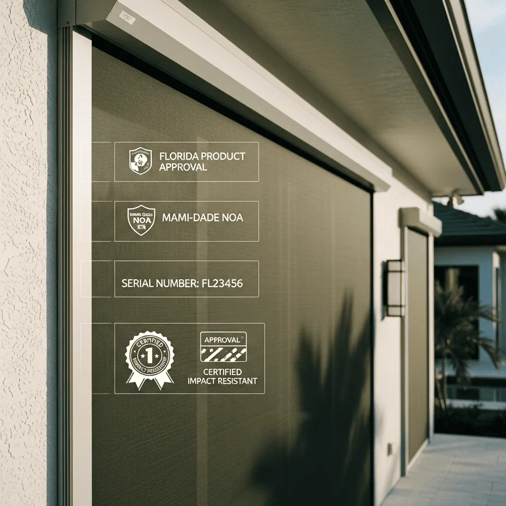 Close-up of a motorized storm screen with digital overlays for Florida Product Approval, Mami-Dade NOA, and Certified Impact Resistance.