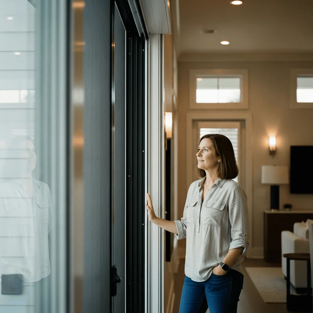 A woman standing inside a modern home looking through a glass door at a motorized storm screen being lowered for weather protection.