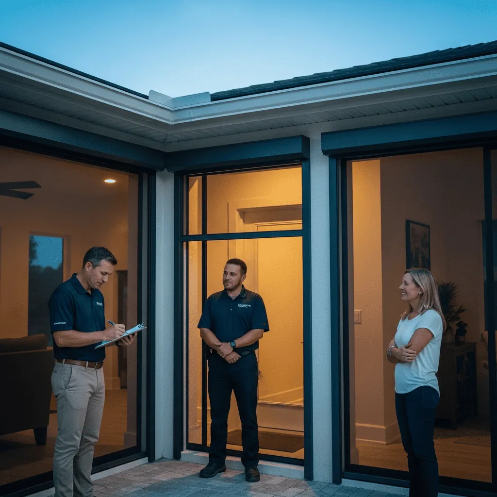 A professional Titan Shutters and Screens consultant meeting with a homeowner to review a project checklist on an outdoor patio at dusk.
