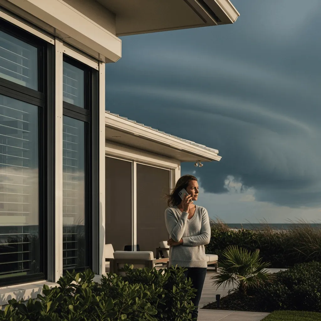 Anxious Northeast Florida homeowner calling Titan Shutters and Screens on phone while watching threatening hurricane storm clouds approach coastal home with installed hurricane shutters and motorized screens