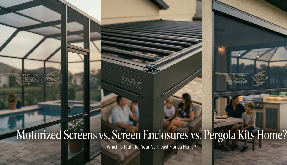 Split three-way comparison showing a traditional fixed screen enclosure, a StruXure pergola, and a Fenetex motorized retractable screen on a Northeast Florida lanai