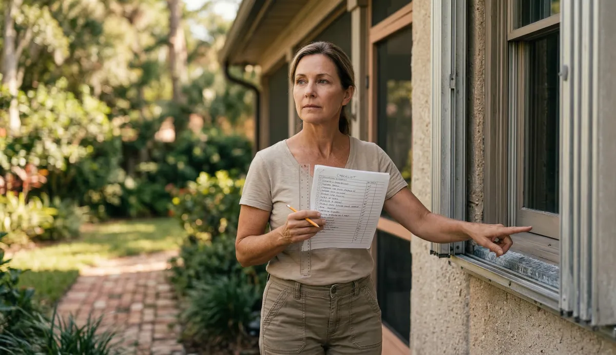 Northeast Florida homeowner walking the exterior of a St. Augustine home inspecting windows and lanai openings as part of a pre-season hurricane preparation checklist