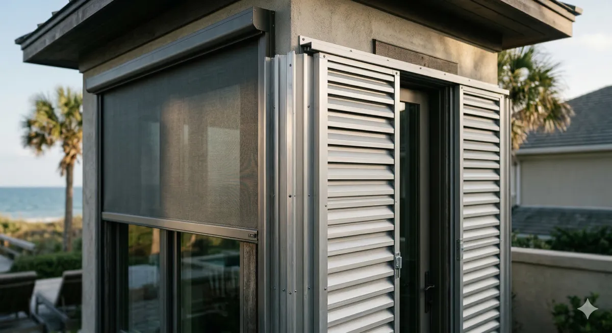 Motorized hurricane screens and aluminum shutters installed on a luxury coastal home in Ponte Vedra Beach, Florida, showing storm preparedness for hurricane season.