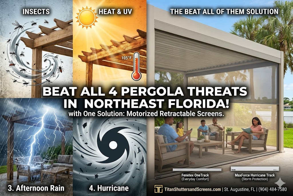 The four threats every Northeast Florida pergola faces — insects, heat and UV, afternoon rain, and hurricanes — solved by one system. Fenetex OneTrack for everyday comfort and MaxForce Hurricane Track for storm protection. Titan Shutters and Screens, St. Augustine, FL.