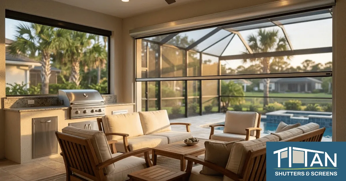 A Northeast Florida back lanai at golden hour with an outdoor kitchen, pool cage, and motorized hurricane screens partially deployed — the kind of investment a Fenetex MaxForce system is engineered to protect.