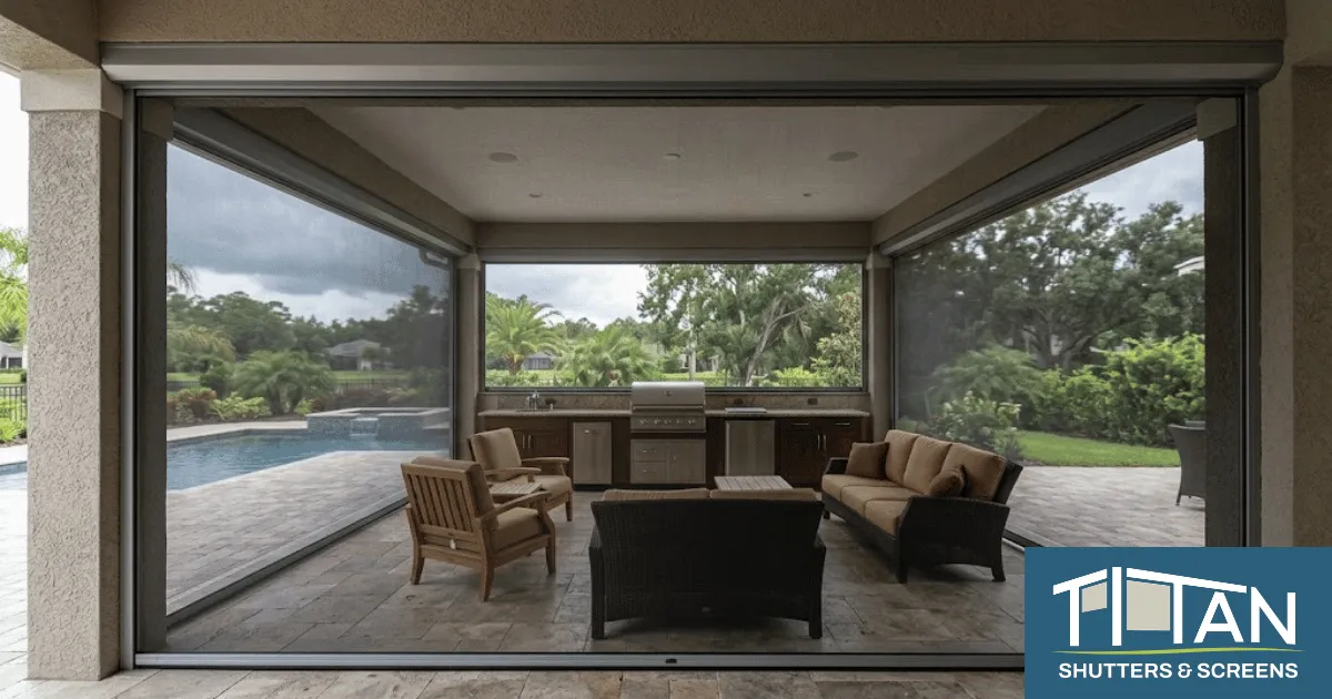 A Northeast Florida patio with engineered motorized hurricane screens fully deployed across a large lanai opening — the kind of code-compliant wind protection that replaces plywood and tape for St. Augustine and Ponte Vedra Beach homeowners.