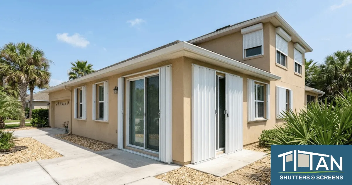 A row of white accordion hurricane shutters partially closed across a Northeast Florida home's windows and sliding glass doors — AHT aluminum shutters engineered for coastal salt air and Florida Building Code wind mitigation standards.
