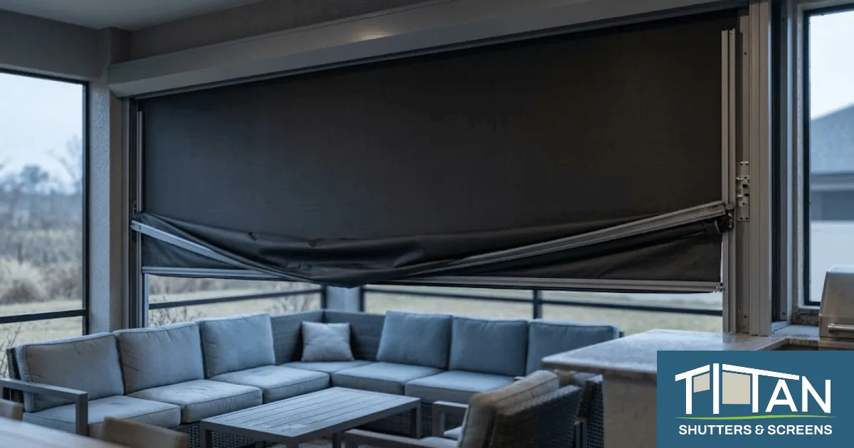 A motorized hurricane screen partially deployed on a Northeast Florida lanai with the fabric visibly stalled mid-track — illustrating the deployment failures some screen architectures experience in cold weather conditions.
