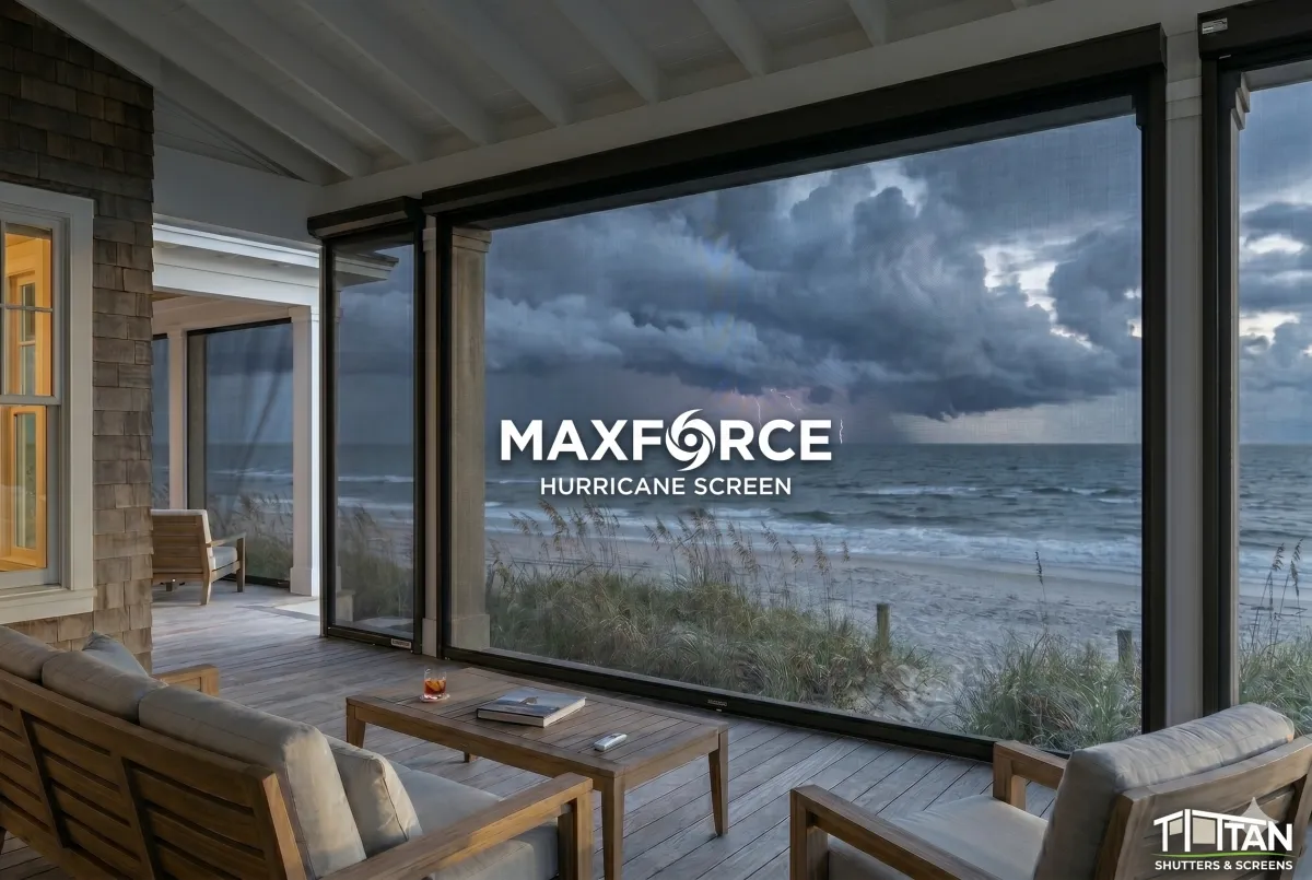 Motorized hurricane screen on a coastal oceanfront porch installed by Titan Shutters and Screens in Northeast 