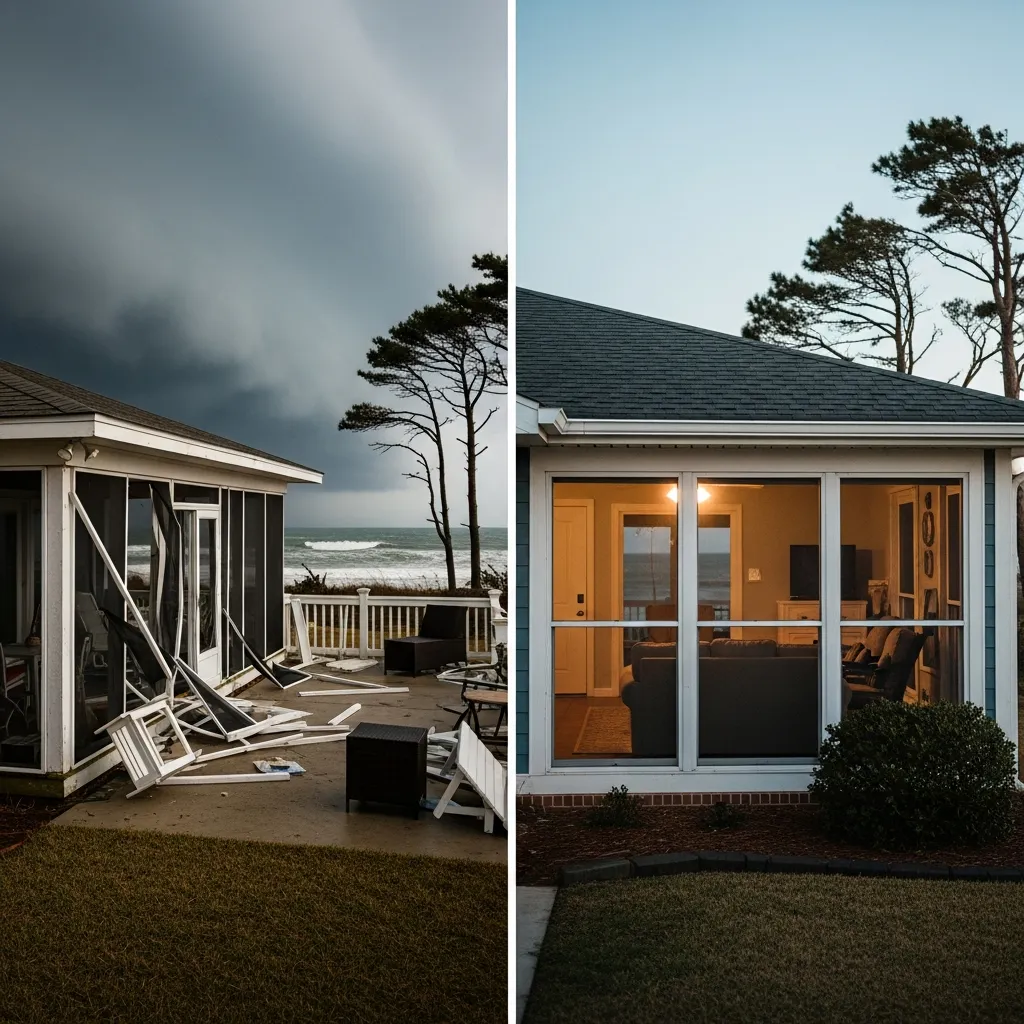 Destroyed coastal Florida home patio with collapsed furniture and structural debris after Hurricane Michael Ian or Milton force winds showing catastrophic consequence of unprotected lanai without MaxForce hurricane screens