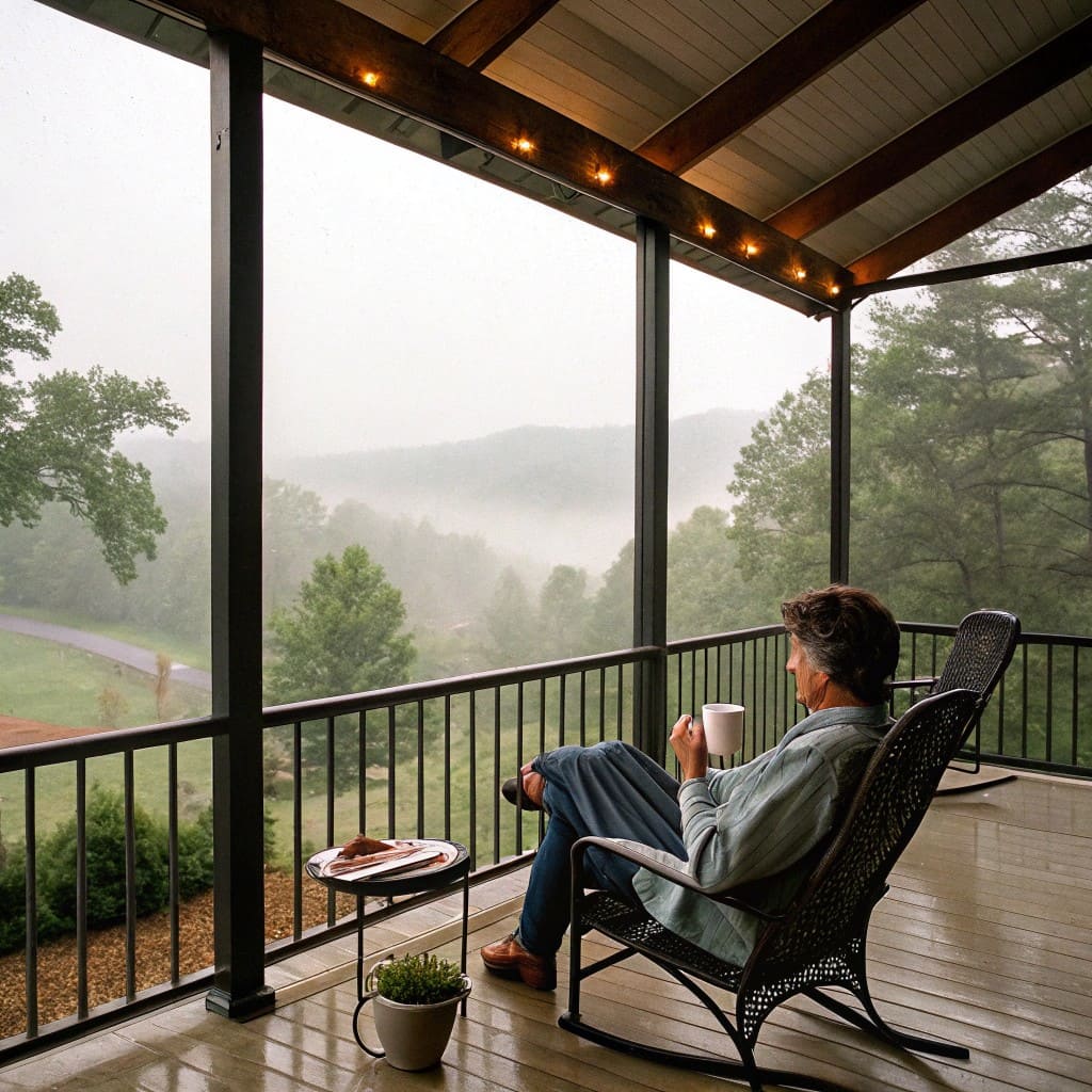 Homeowner relaxing with morning coffee in rocking chair on motorized clear screen enclosed porch staying perfectly dry while rain falls on lush Northeast Florida landscape
