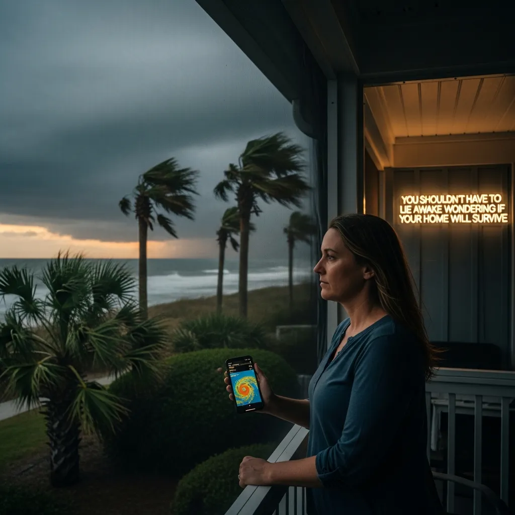 Worried St. Augustine Florida coastal homeowner holding hurricane radar tracking app on phone watching violent storm winds bend oceanfront palm trees from porch of unprotected home needing MaxForce hurricane shutters