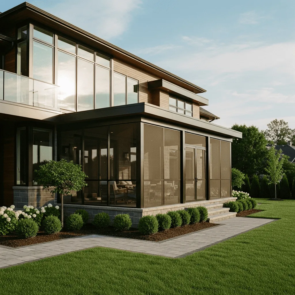 Luxury modern St. Augustine Florida home with MaxForce hurricane impact screens fully deployed across entire patio enclosure showing 10-second protection deployment peace of mind and zero storm damage