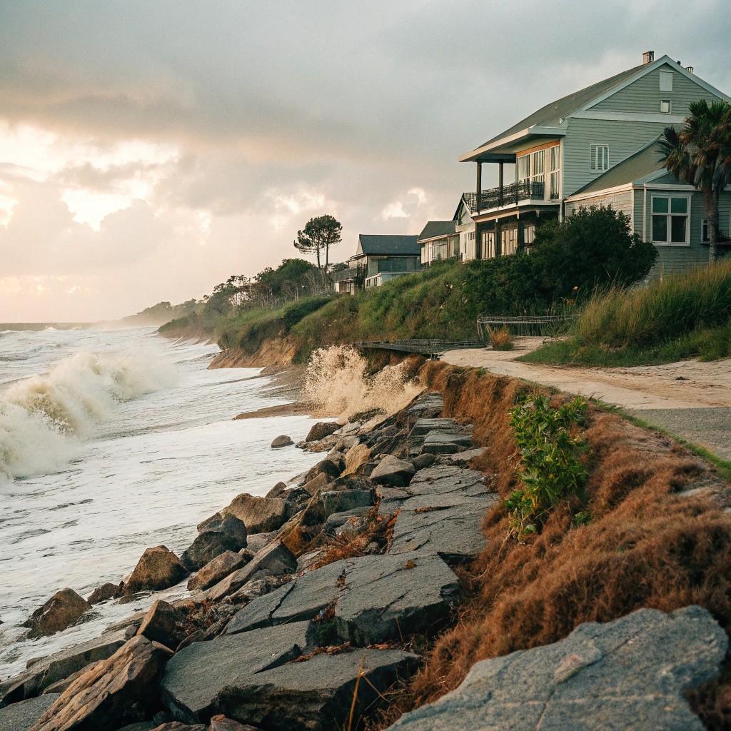 St. Augustine Florida beachfront coastal homes standing undamaged on eroded rocky shoreline after hurricane storm surge showing zero damage zero claims result of MaxForce motorized hurricane screen protection
