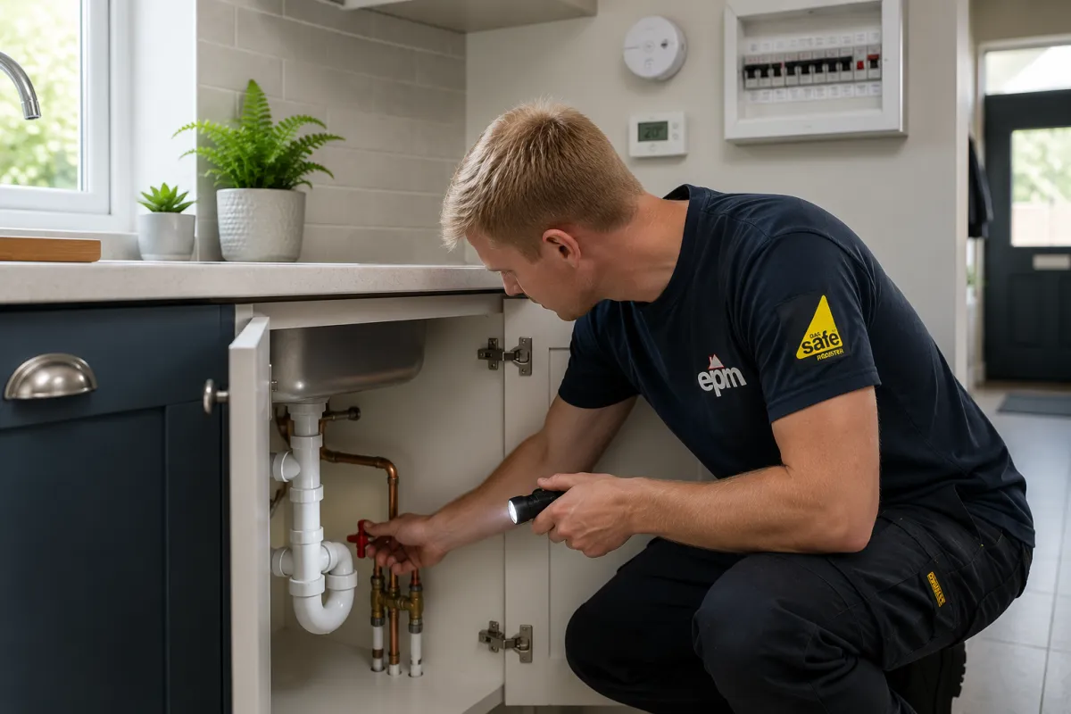 EPM engineer inspecting plumbing beneath a kitchen sink during a routine home maintenance check.