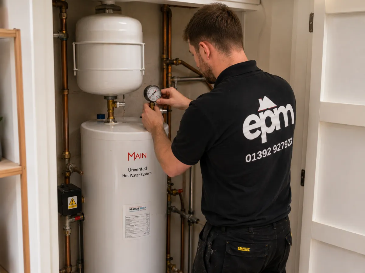 EPM heating engineer servicing an unvented hot water cylinder in a domestic property.