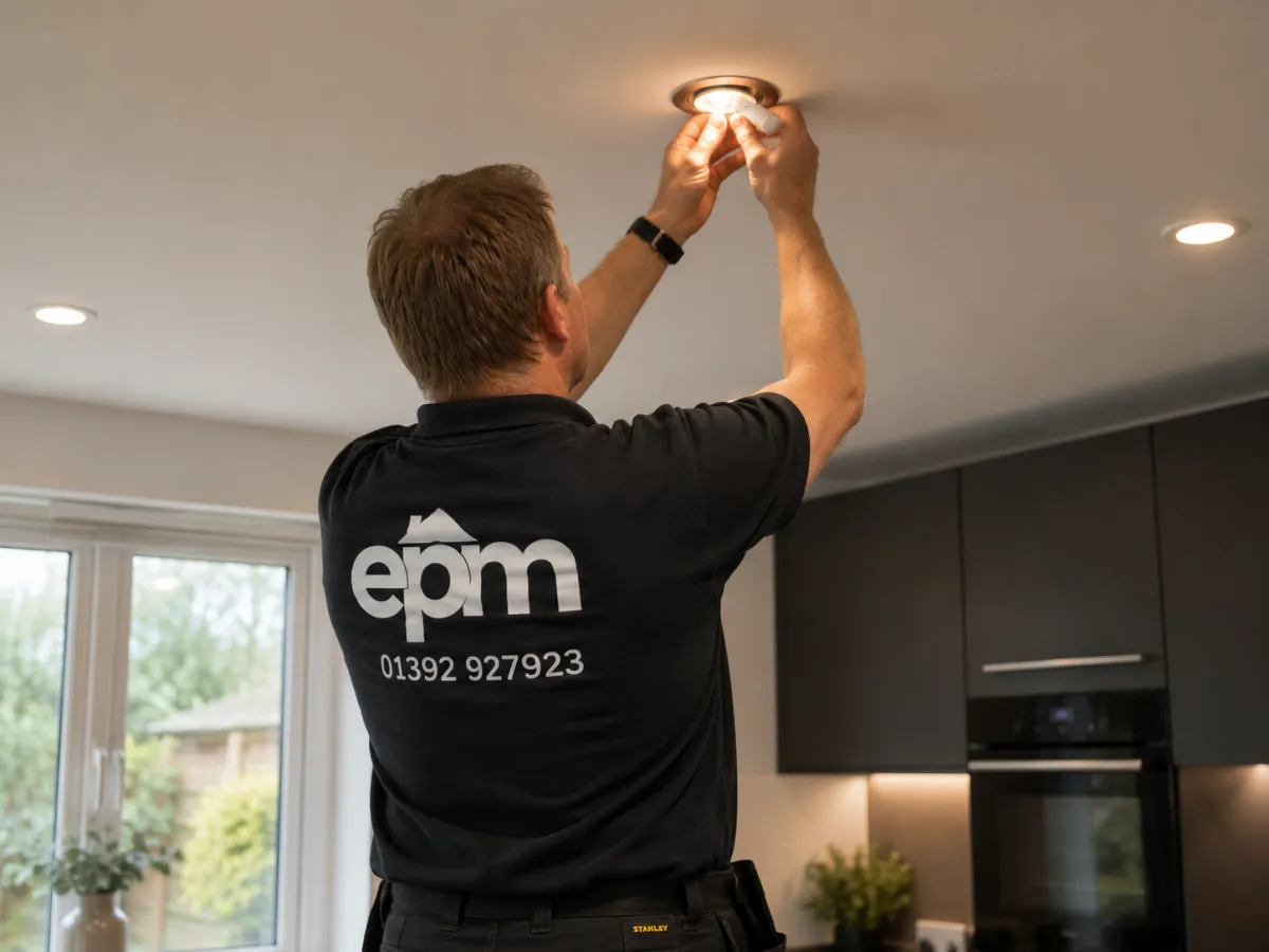 EPM electrician replacing a recessed LED downlight in a modern kitchen.