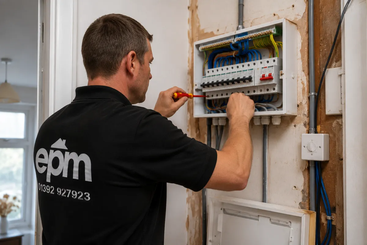 EPM electrician installing a new consumer unit during a domestic electrical installation in Devon.