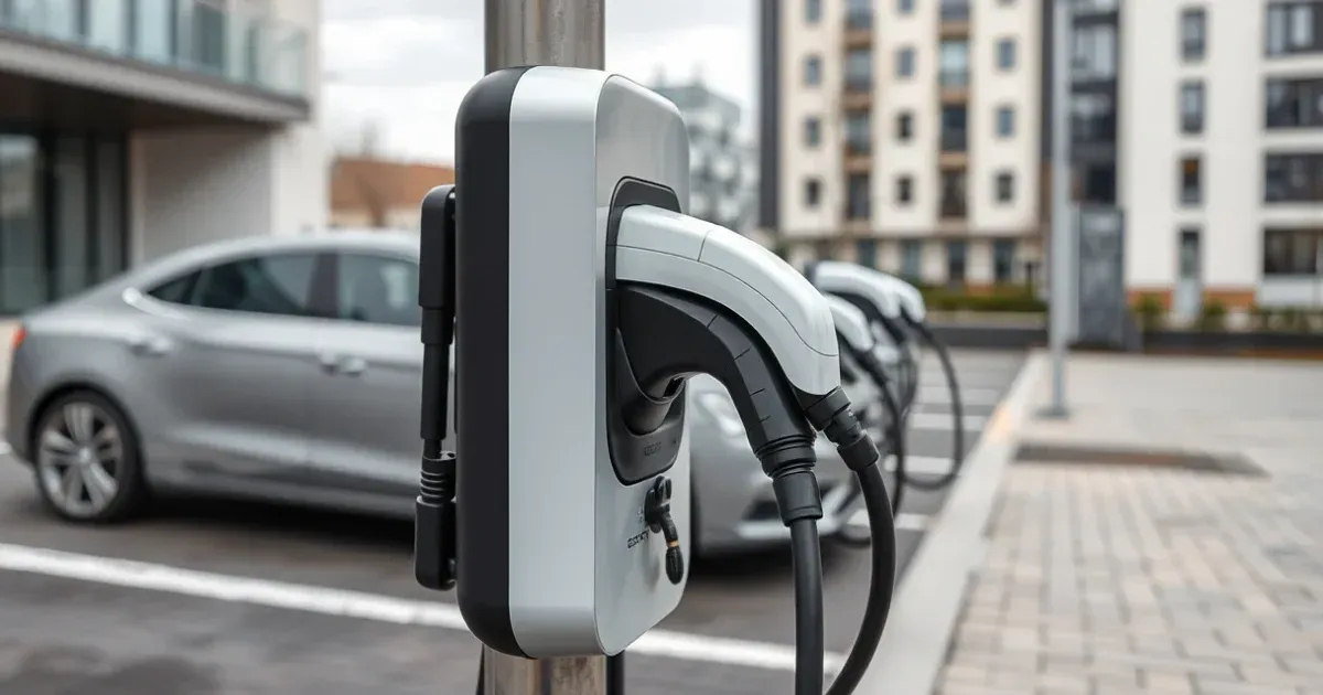 Új elektromos autótöltő Szolnokon modern parkolóban, részletes, élethű kép Ares Solar Construction Kft. kivitelezésével.