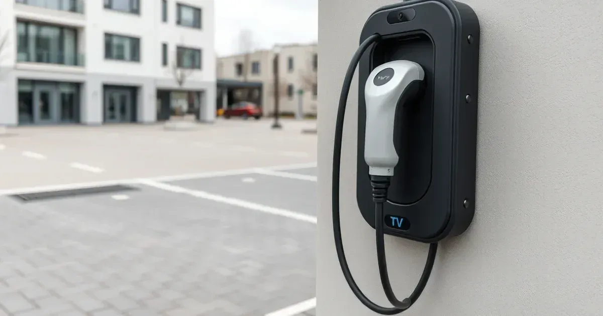 Elektromos jármű töltőállomás Szolnokon, modern parkolófalon szerelve, rendezett kábelezéssel, tiszta városi környezetben.
