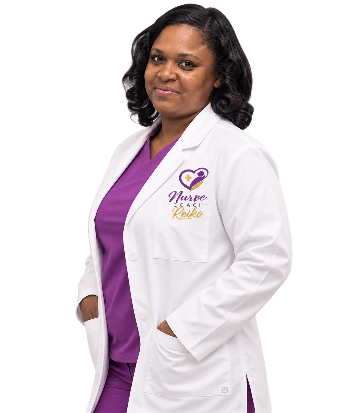 Nurse Coach Reiko smiling warmly in clinical yet approachable attire